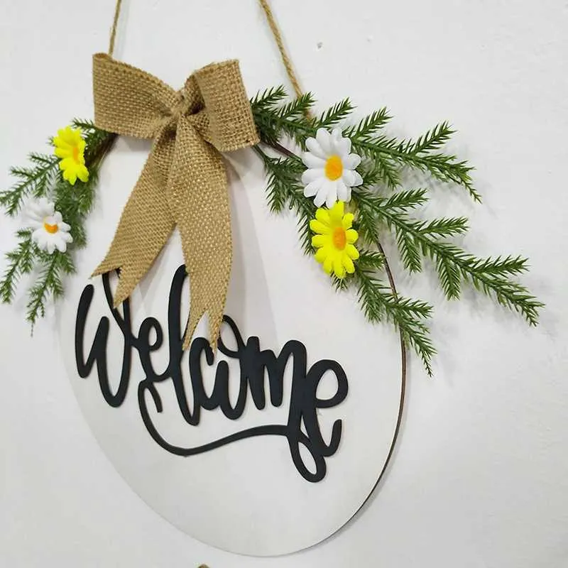 Wreath Door Hanger Welcome Sign for Farmhouse,Rustic Wooden Door Hangers Front Porch Decor Outdoor Hanging Vertical Sign Y0901