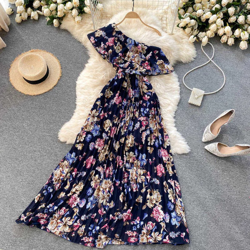 Women Floral Printed Chiffon Pleated Long Dress Summer Sexy Diagonal Collar Short Sleeve Ruffle Draped Vestidos Female 2021 New Y0603