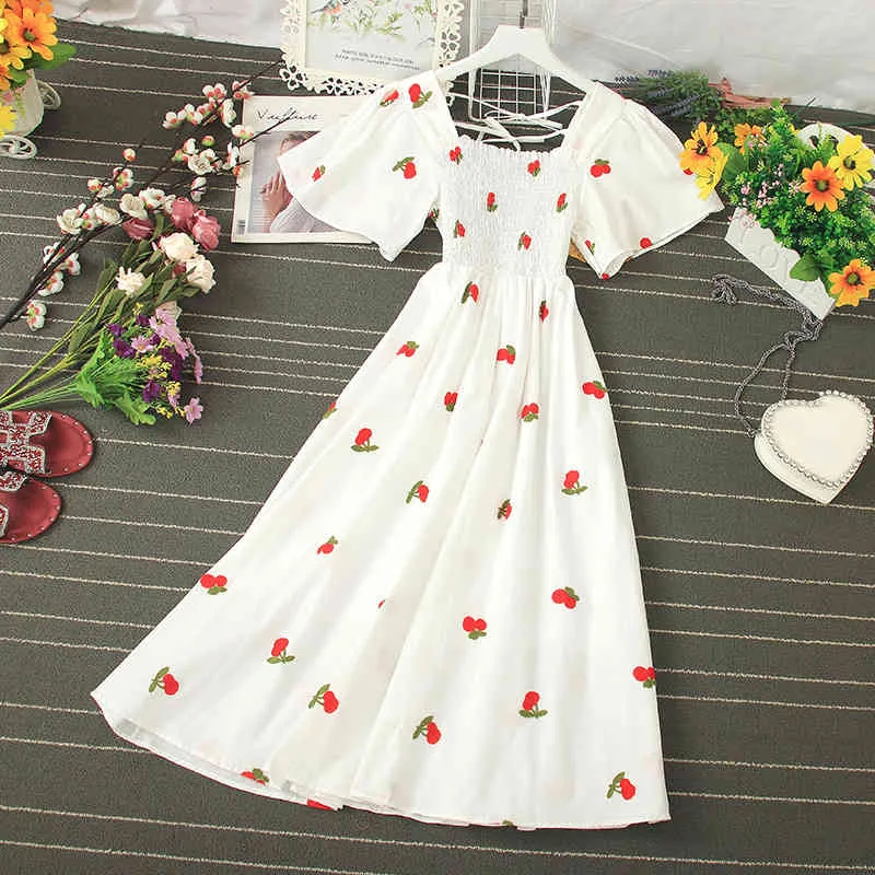 Verão fada temperamento fino vestido doce fruta cereja bordado vestidos feminino estilo coreano UK055 210506