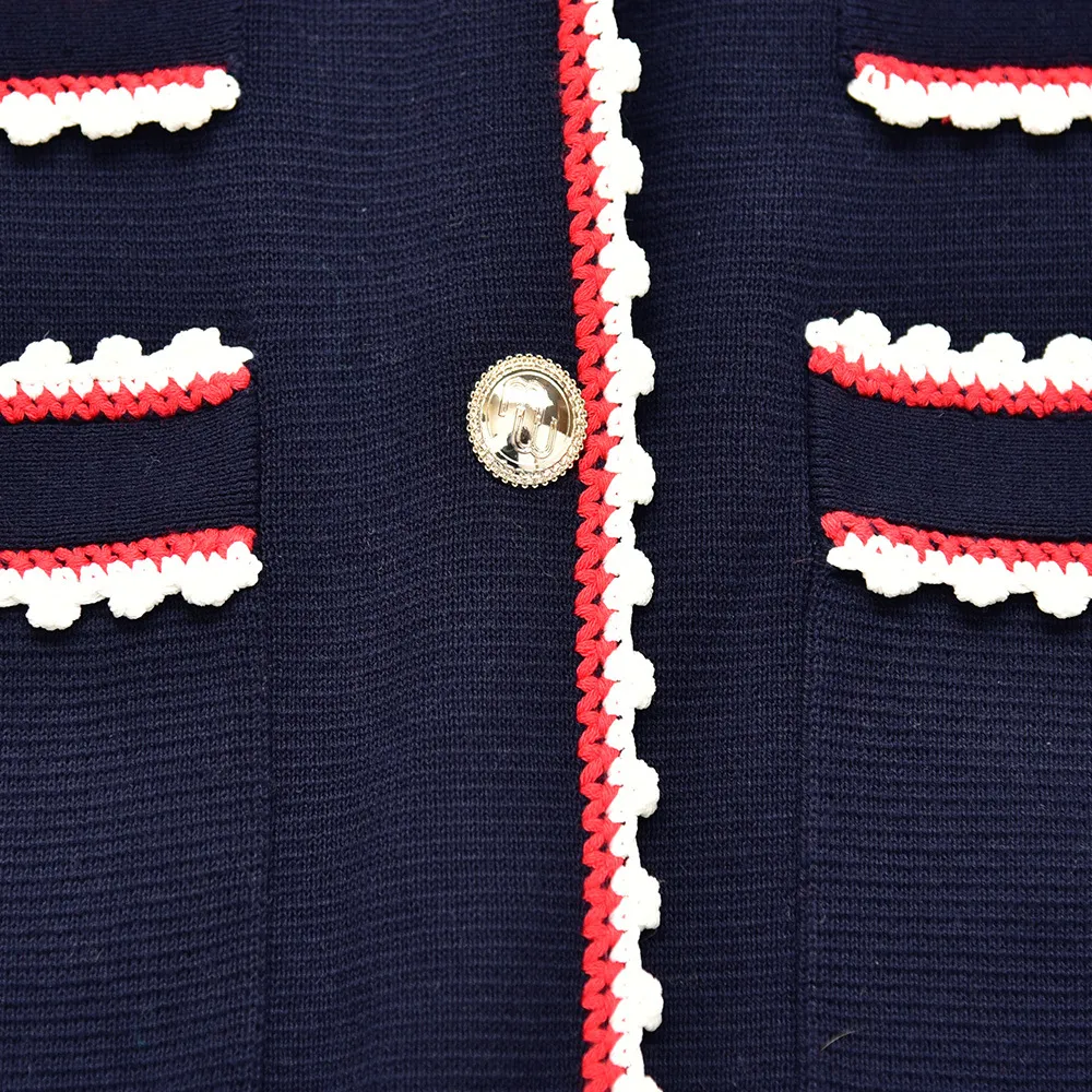 2021 осень осень длинные рукава V декольте синий кардиган французский стиль контрастный цвет вязаные двойные карманы контрастные отделки однобортные свитера G121028