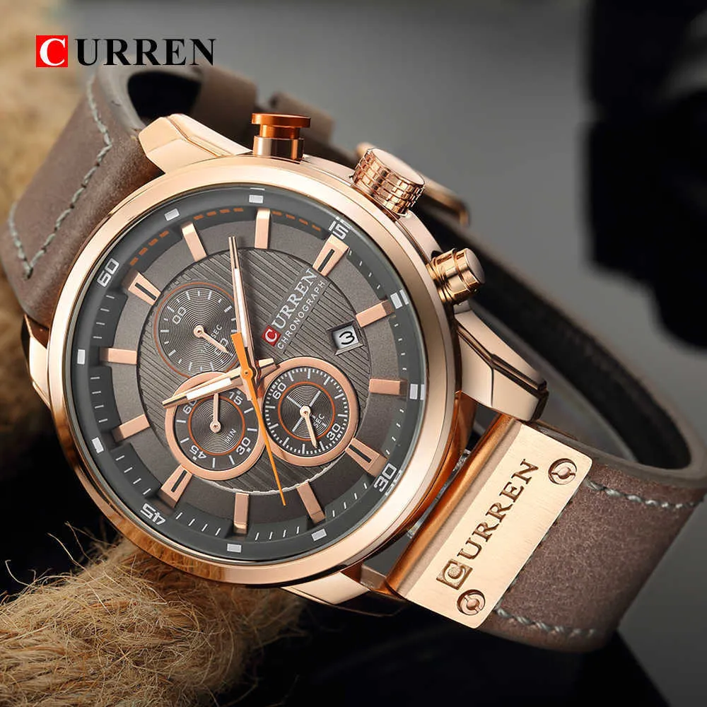 Curren 8291 Часы с хронографом Повседневные кожаные часы для мужчин Модные военные спортивные мужские наручные часы Джентльмен Кварцевые часы Q0524230P