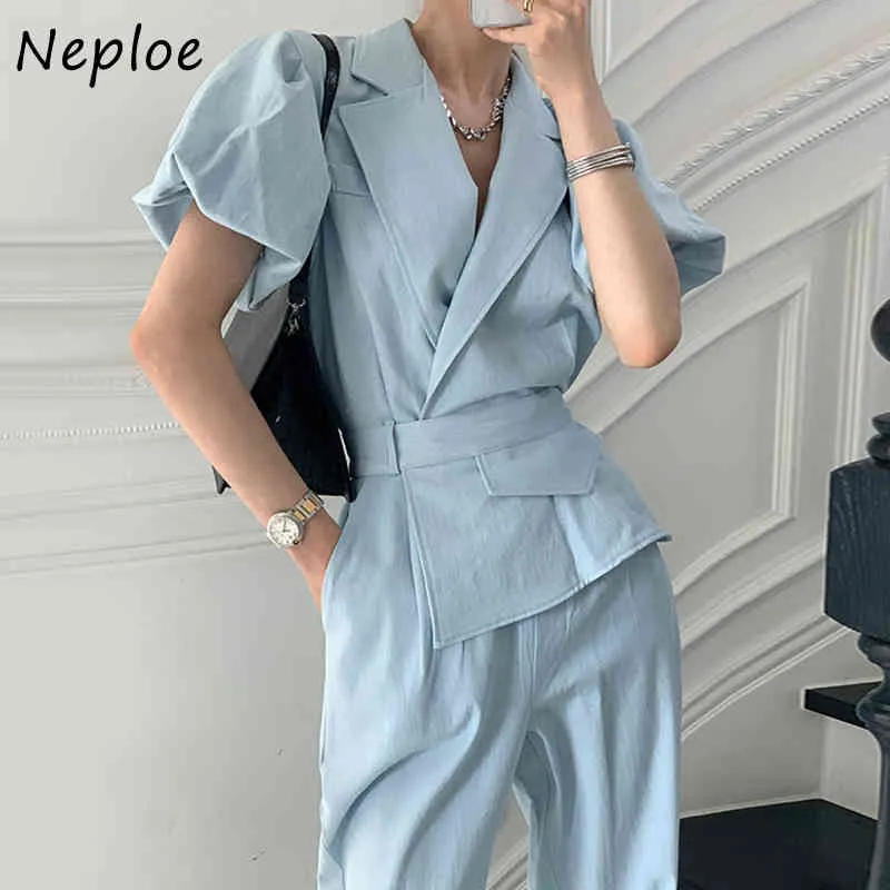 Turn Down Collar Puff Short Sleeve Jumpsuits Women High Waist Hip Bodysuits Summer Work Style Ol Solid Playsuit 210422