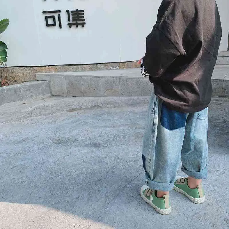 Sonbahar Erkek Moda Kontrast Renk Gevşek Kot Kore Tarzı Yeni Varış Hip Hop Tarzı Denim Pantolon G1220