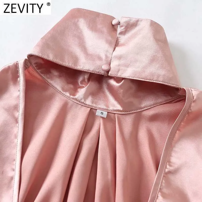 Zevity Femmes High Street Dos Nu À Manches Longues Col Roulé Blouse Chemisier Femme Bow Chemise Courte Chic Sexy Blusas Tops LS7554 210603