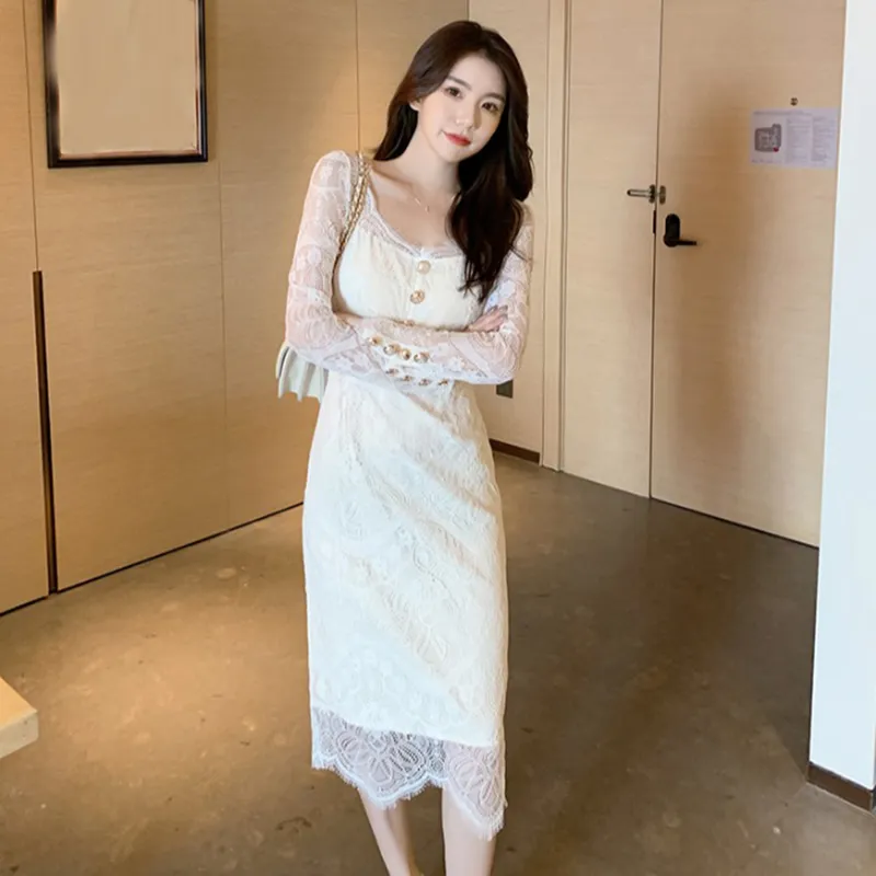 Robe de printemps d'automne pour femmes Style coréen Dentelle Creux Manches longues Couleur unie Slim Mi-longueur Femme es LL671 210506