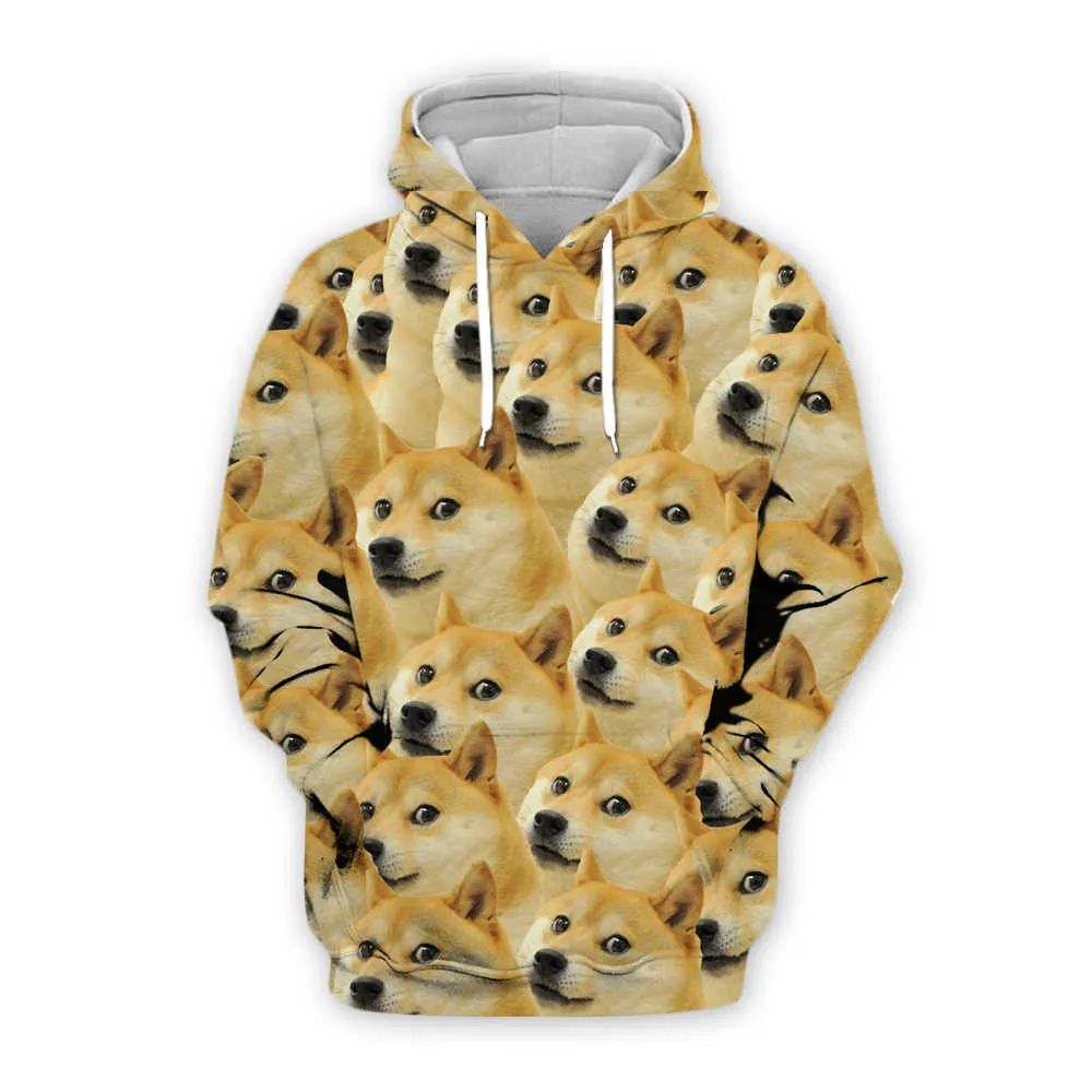 Mode män 3d hoodies Animal Funny Doge Head pullover shiba inu Tryckt sweatshirt/huvtröja med dragkedja Unisex streetwear 210813