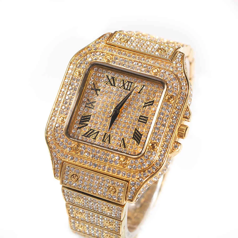 Hip Hop römische Skala Quarzuhr Mode voller Diamant quadratisches Zifferblatt Herrenuhr Mode Gold Uhren Schmuck287q