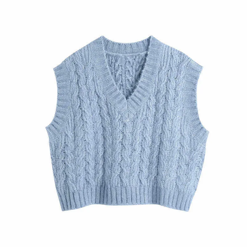 ZA Blue Cable Knit Gilet Pull Femmes V Col Lâche Hiver Tricoté Top Femme Mode Streetwear Vintage Pulls 210602