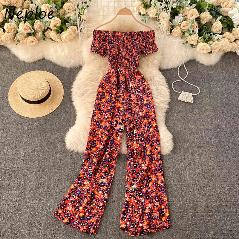 NEPLOE SEXY SLASH Hals Schouder Strapless Print Jumpsuits Dames Hoge Taille Heup Wide Leg Bodysuits Holiday Losse Speelsuitjes Wild 210423