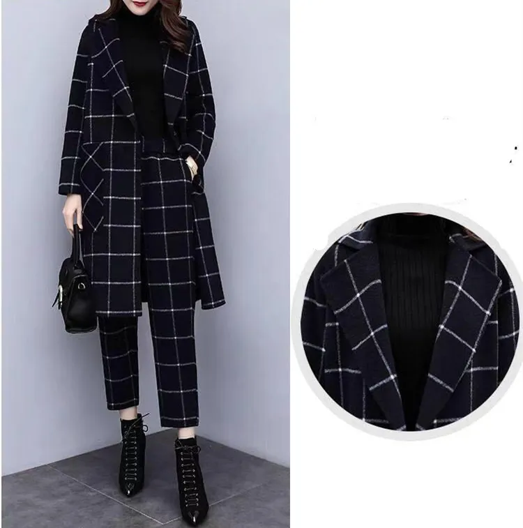 Inverno preto de lã xadrez de dois pedaços conjuntos roupas roupas mais tamanho longo casaco e calças ternos elegantes moda escritório 210514