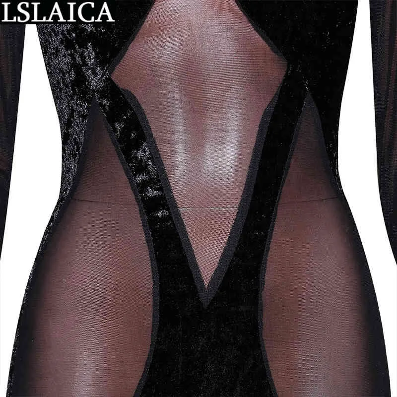 Mode combinaison Patchwork combinaisons pour femmes à manches longues maigre Sexy Clubwear maille voir à travers Enterizos Para Mujer 210515