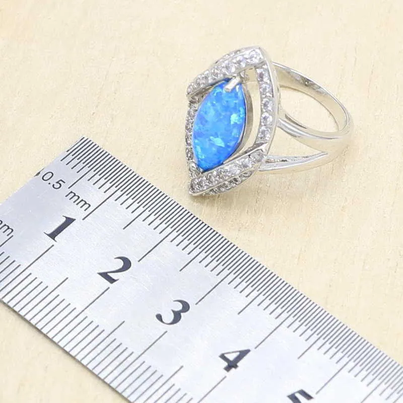 Orecchini con pendente in opale di fuoco blu, anello con pendente, set di gioielli in argento, donna, regalo con braccialetto in cristallo azzurro H1022