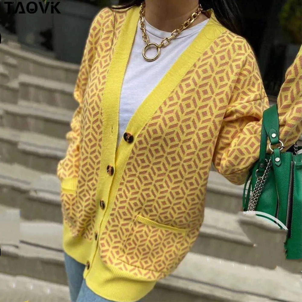 Taovk 여성용 니트 스웨터 다이아몬드 패턴 단일 가슴 버튼 느슨한 캐주얼 니트 카디건 211026