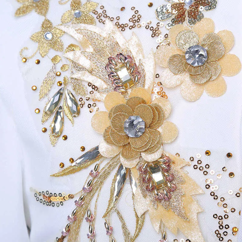 2019 Chinese stijl witte standaard kraag herenpakken gouden bloemen sequin tweedelige podium zanger jas kostuums jas + broek x0909
