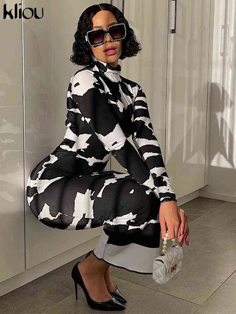 Kliou Cows Print Maxi Jurk voor Dames Herfst Aesthetic Classy Tie Dye Party Style Robe Schede Slanke Turtleneck Vrouwelijke Vestido Y1204