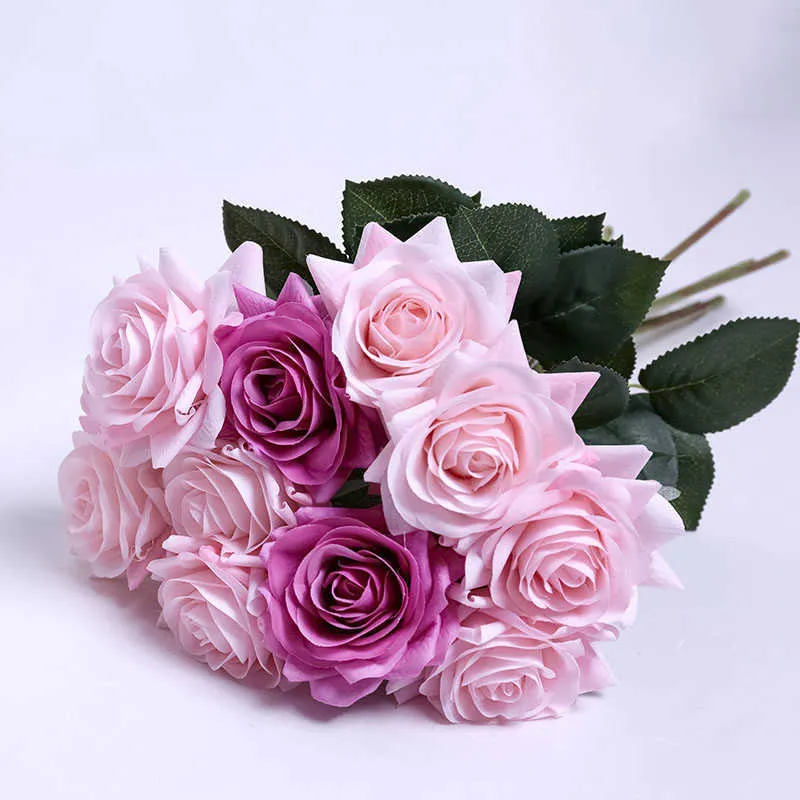 10 teile/los Frische Rose Künstliche Blumen Real Touch Rose Blumen Hause Dekorationen für Hochzeit Party Geburtstag Geschenk 210624