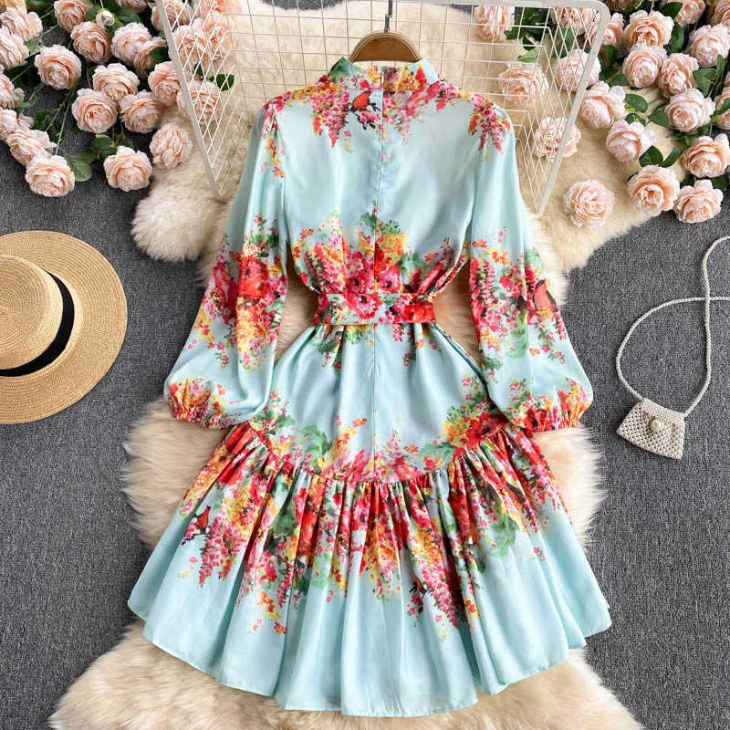 Deat Women Blue Printing Belt Dress Stand Neck Lantern Sleeve Ankomster Lady Temperament Fashion Spring Höst 11d2054 210709