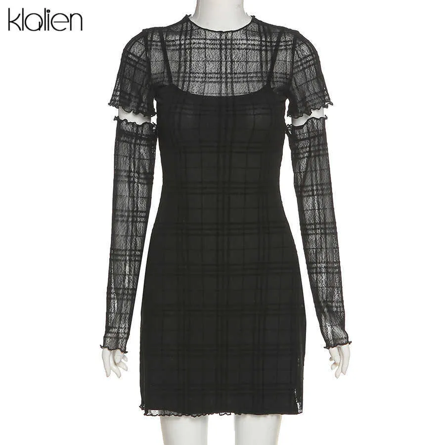 KLALIEN Moda Primavera Semplice Plaid Patchwork Stile Giovane Abito Donna Casual Street Slim Office Lady Mini Abito Nero 210630