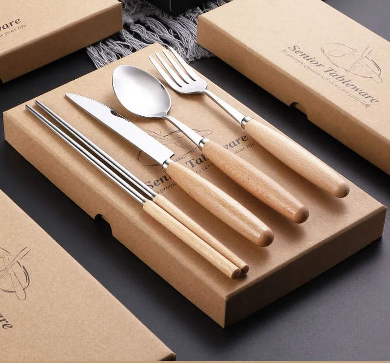 Wooden Handle Cutlery Portable Set Stainless Steel Dinnerware Set Silverware Tableware Spoon Fork Knife Chopsticks Set5947340