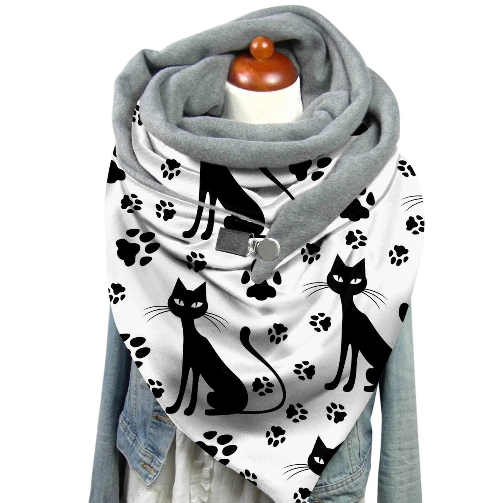 Mode femmes mignon chat imprimé écharpe Hijabs femme dame rétro bouton multi-usages châle 80 cm-100 cm hiver Echarpe