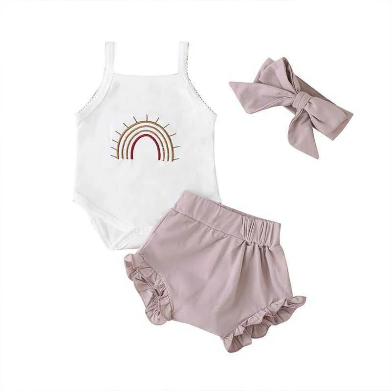 Großhandel Baby Mädchen Set Baumwolle Hosenträger Strampler + Shorts + Haarband Nette Anzug Kleidung E7 210610