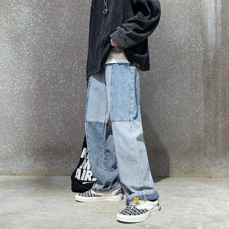 Männer Jeans Patchwork Gerade Breites Bein Lose Plus Größe 3XL Streetwear Studenten Hip Hop Vintage Allgleiches Mode Casual Täglich neue X0621