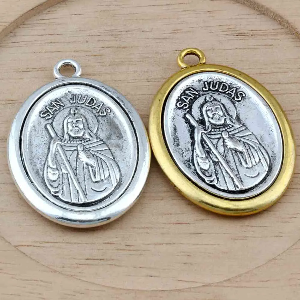 Two-Tone San Judas Tadeo Charm Religion DIY Jewelry Fit Pendants Necklace Christmas Gift A-561