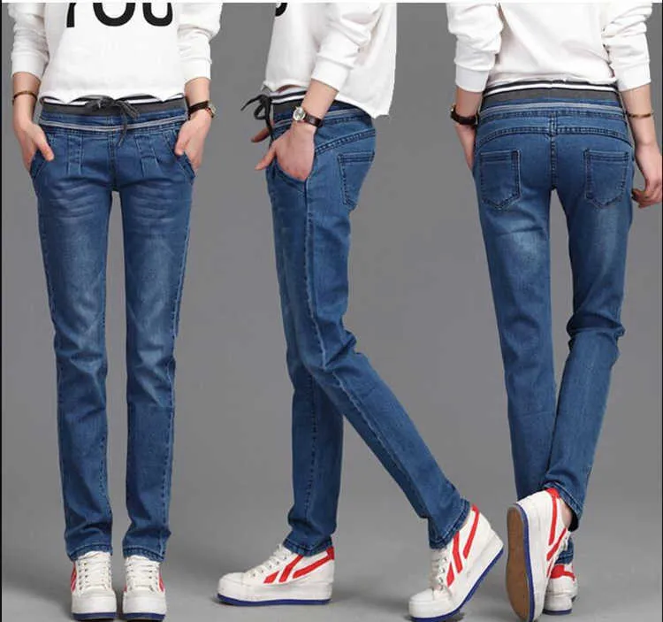 Artı Boyutu 26-40 Casual Pantolon Ince Esneklik Bel Dantel Kot Kadınlar için Elastik Mavi Kalem Moda Denim Pantolon 210922