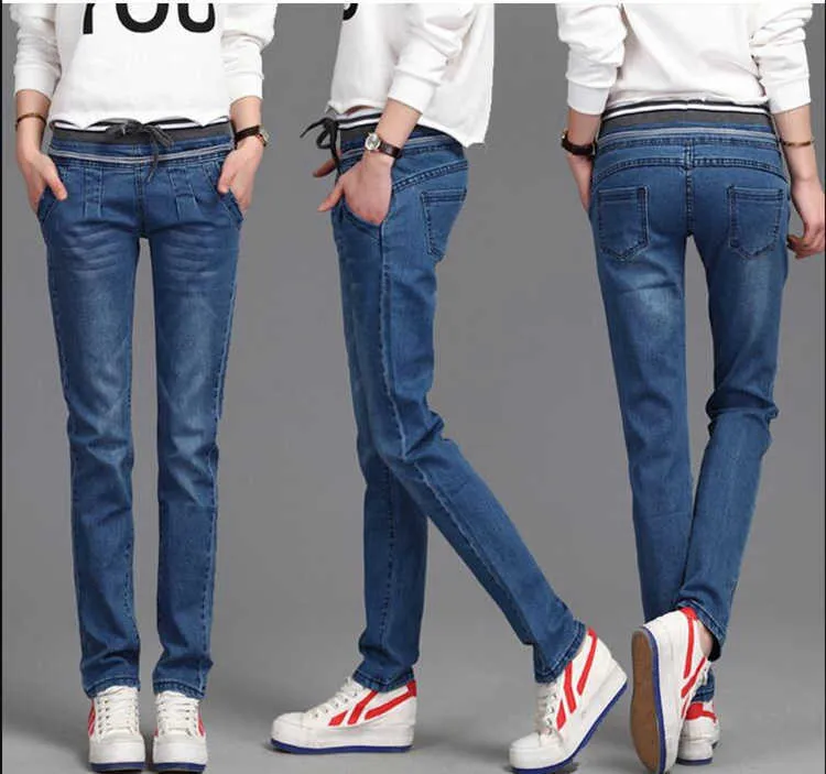 Plus size 26-40 casual broek slanke elasticiteit taille kant jeans voor vrouwen elastische blauwe potlood mode denim broek 210922