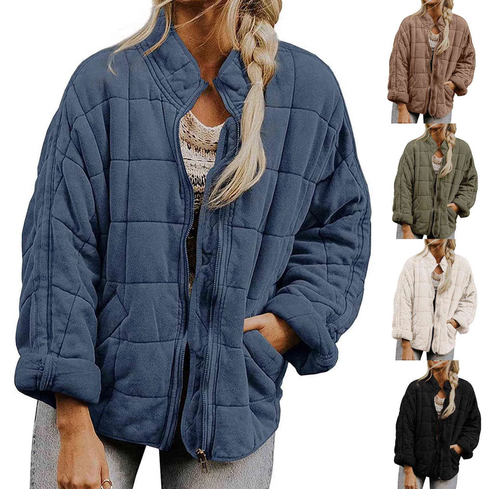 Womens Solid Color Coat Lightweight Quilted Jackets Zip Up Long Sleeve Overcoat Stand Neck Warm Winter Clothes 211109