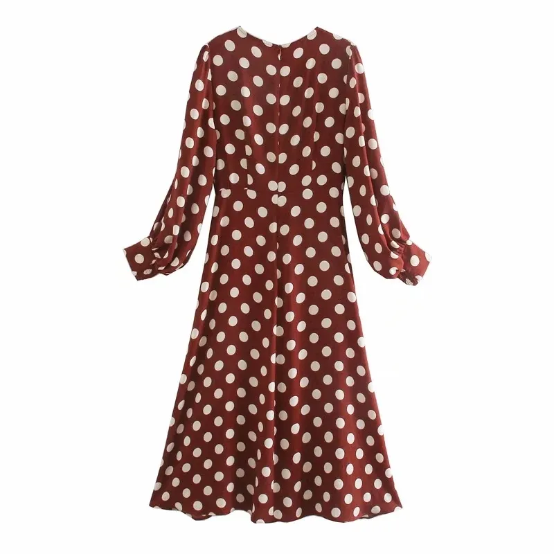 Höst röd polka dot print midi klänning kvinnor vintage långärmad elastisk ruched es kvinna flared hem elegant 210519