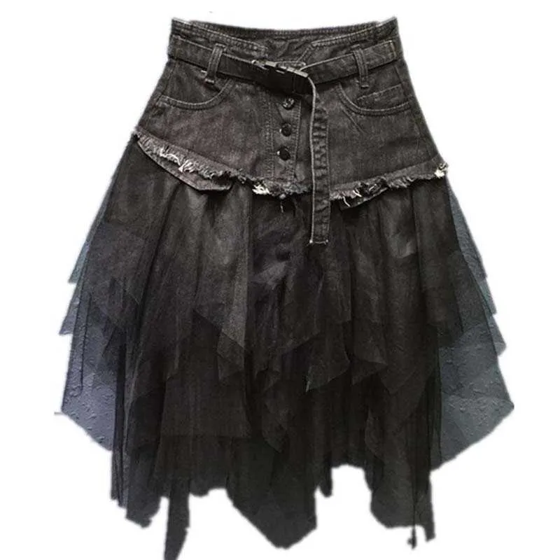 Kobiety Denim Siatki Patchwork Koronki Spódnica Wysoka Talia A Linia Asymetryczna Frygiel Tulle Gothic Chic Spódnicy 210721