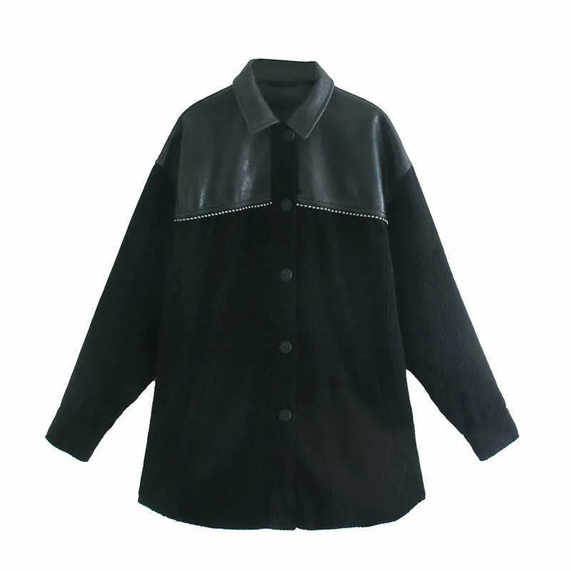Za Women's Corduroy Jacket Patchwork Long Sleeve Overshirt Woman Autumn Winter Plus Size Black Jackets Coat Long Top 210602