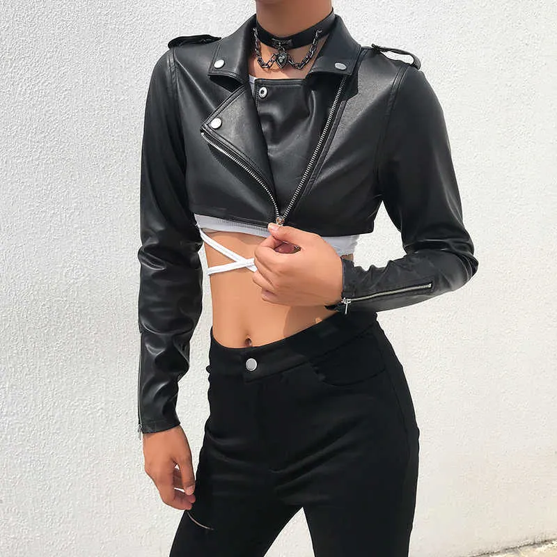 Iamty Black PU Leather Crop Jacket Street Wear Punk Style Womens Coats Long Sleeve Turn-Down Zipper Short Fashion 211025