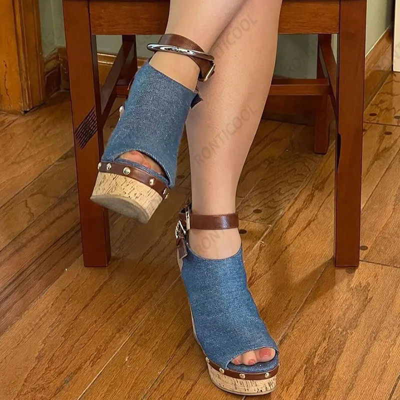 Rontic 2021 Fashion Women Platform Sandals Denim Buckle Studs Wedges Heel Peep Toe Elegant Blue Night Club Shoes US Size 5-20