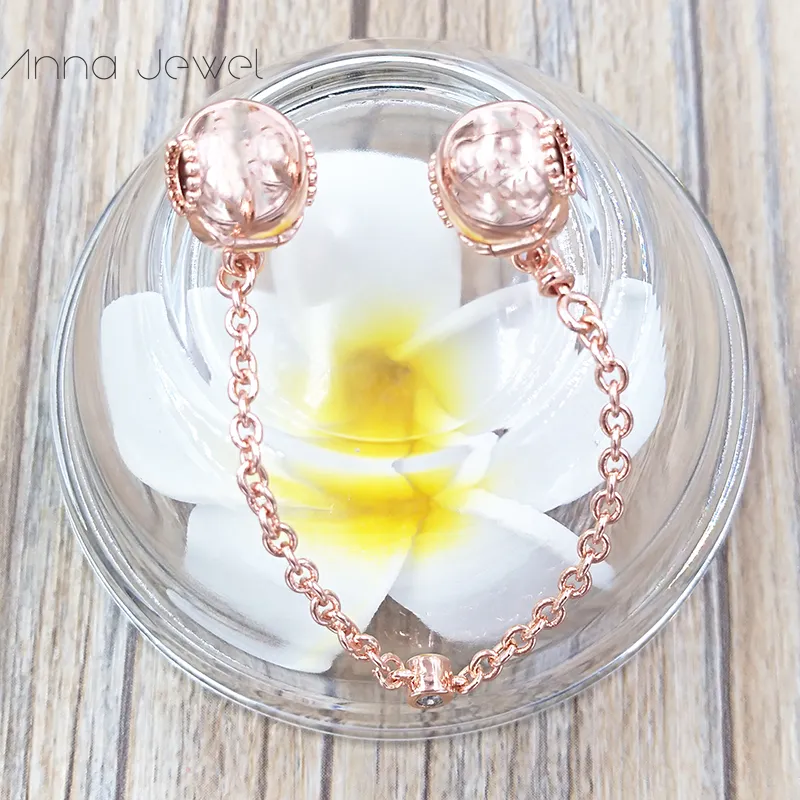 Braccialetti con ciondoli fai-da-te ﾠgioielli pandora catena di sicurezza braccialetti braccialetti CUORI IN RILIEVO Perlina distanziatrice in oro rosa regali di compleanno donne festa di nozze 787636CZ