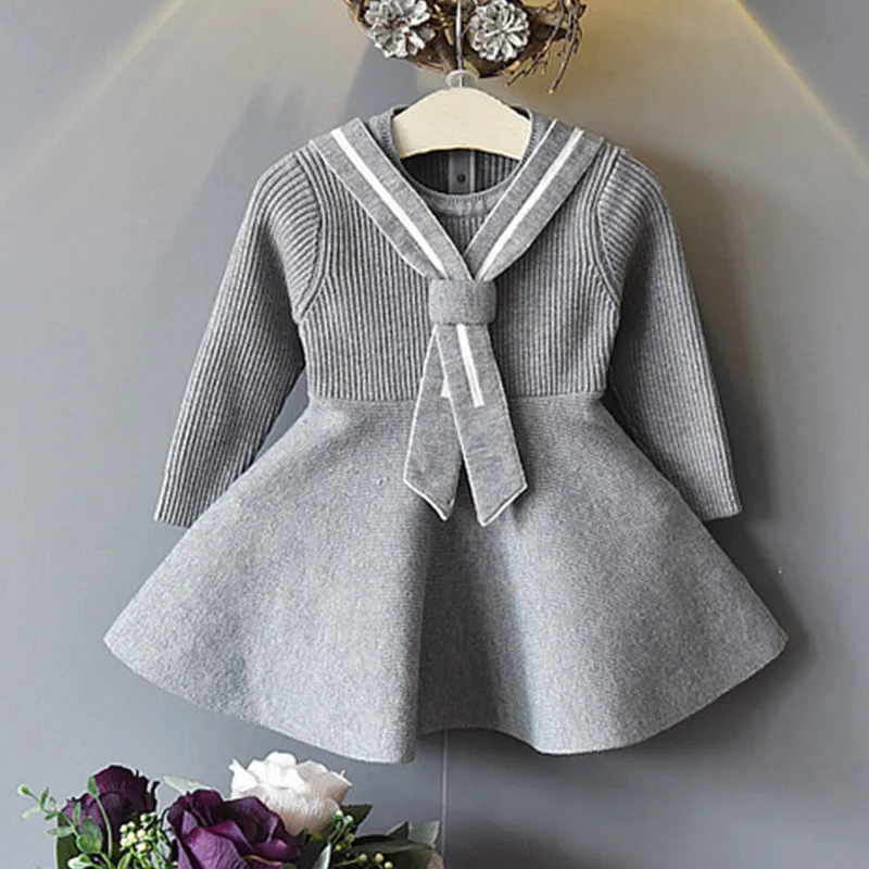 Märke Autumn Style Girls Dress Korean Cotton Sweater Baby Girl Princess Casual Solid Color 210515