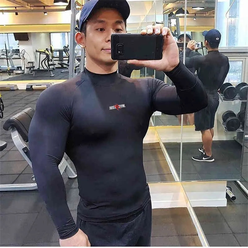 Compression Turtleneck Långärmad T-shirt Herr Fitness Tight T-Shirt Man Snabbtorka Gym Kläder Kroppsbyggande Muskelträningströja 210421