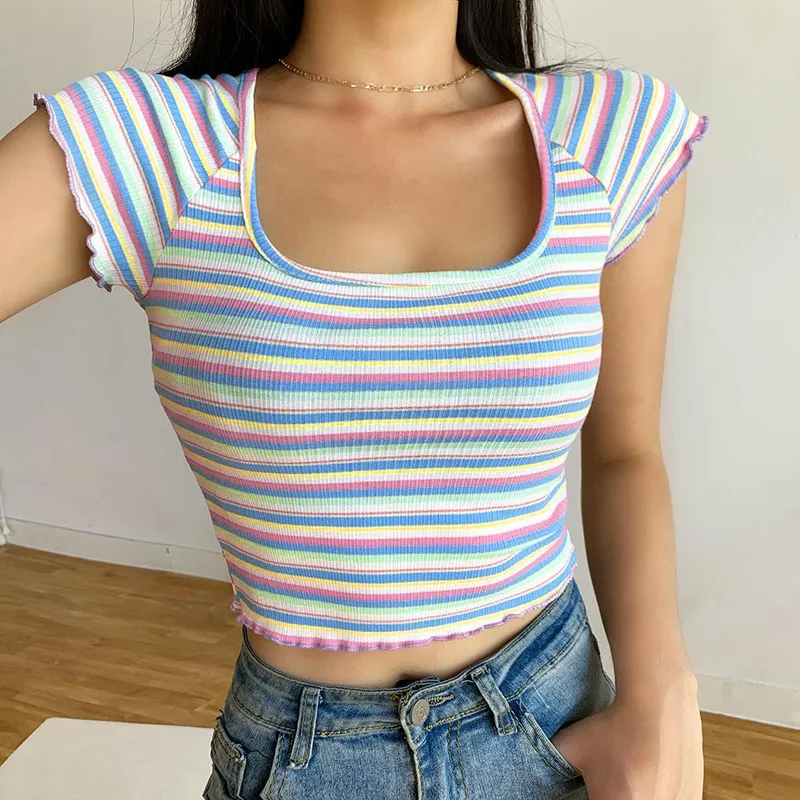 Summer New Color Contrast Striped T-shirt Sexy Youth Belly Button Slim Fit Square Neck Short Sleeve Vitality Girl Top 210422