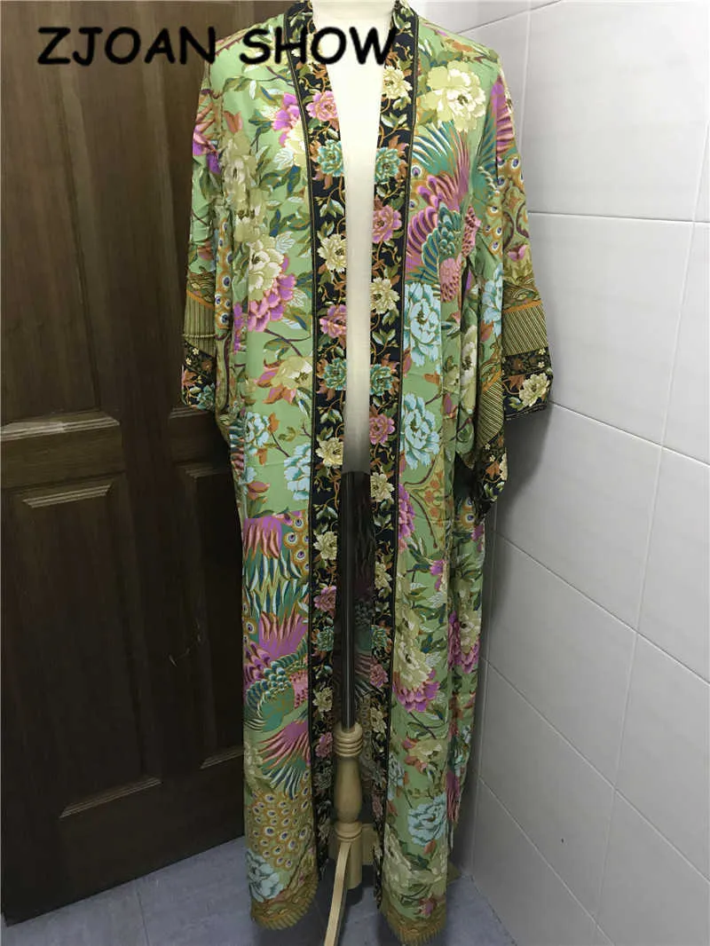 Bohème V Col Paon Fleur Imprimer Longue Chemise Kimono Ethnique Laçage Avec Ceintures Long Cardigan Lâche Blouse Tops Femme 210721