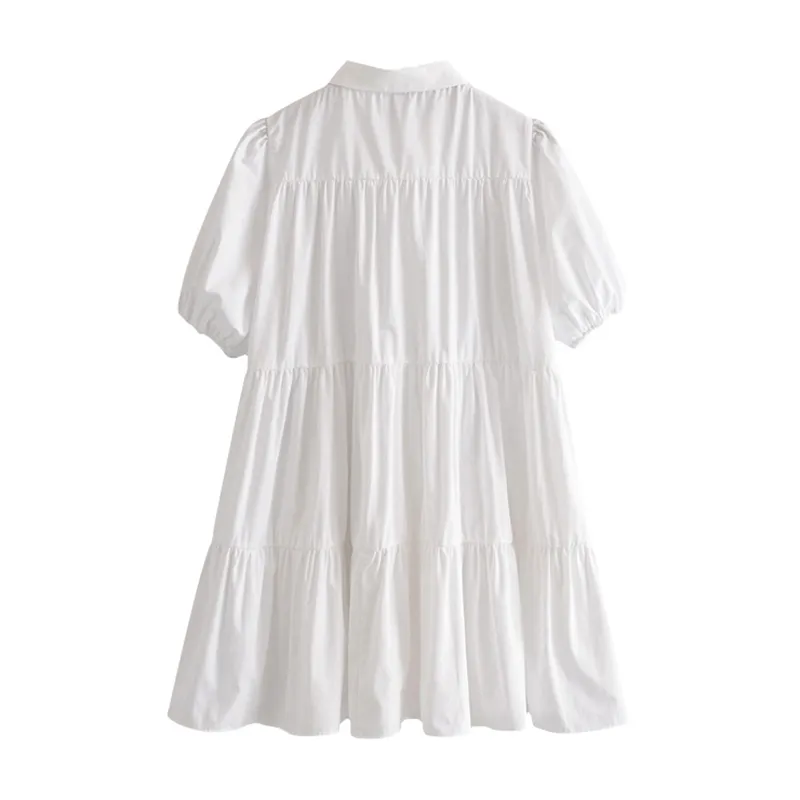 Casual Weiß Mini Kleid Frauen Laterne Kurzarm Weibliche Plissee Drehen Unten Kragen Plus Größe Damen es Robe 210508