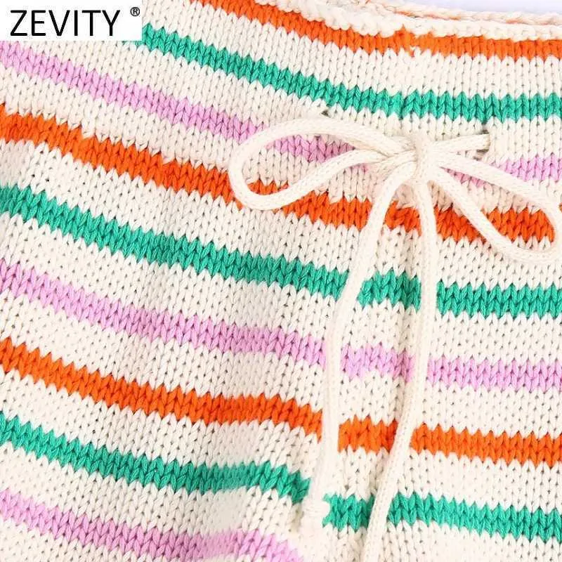 Zevity Femmes Mode Coloré Rayé Tricot Summer Shorts Femme Chic Lace Up Taille Casual Pantalone Cortos P1112 210719