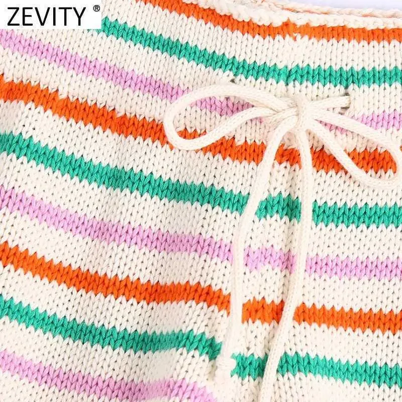 Zevity Kobiety Moda Kolorowe Paski Knitting Summer Shorts Femme Chic Lace Up Waist Casual Pantalone Cortos P1112 210719