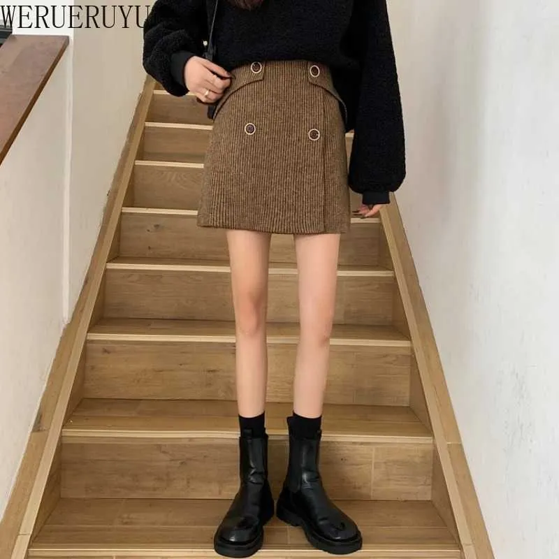 WERUERUYU Retro Female Hight Waist Woolen Midi Skirt Wrap Women Clothing Vintage Fashion Femme Slim 210608