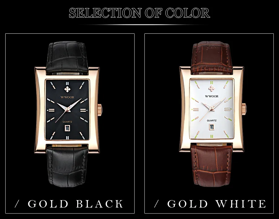 Wwoor Watch Men Top Brand Gold Black Square Watches for Men Treatproof Date Date Clock Business Quartz Wrist Watchbox