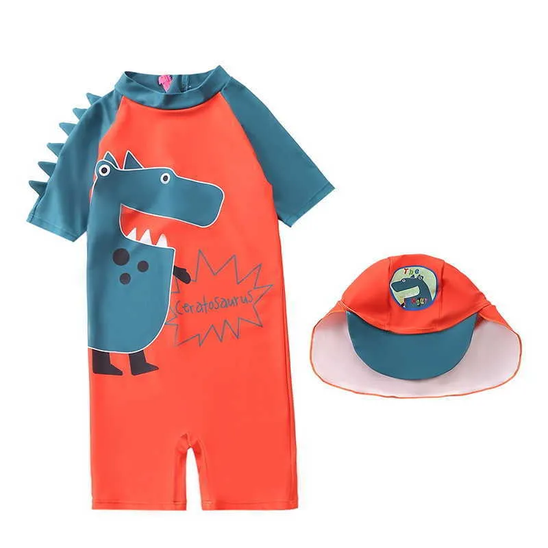 Summer Baby Boys Swimwear 2-Pcs Sets Cartoon Dinosaur Whale Octopus + Bathing Cap Swimsuit Children Clothes E1050 210610
