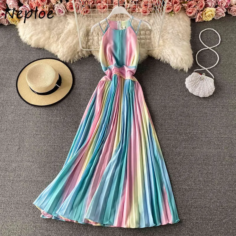 Neploe Occident Rainbow Fashion Dress Women High Waist Hip A Line Pleat Vestidos Summer Halter Sleeveless Robe Slim 210510
