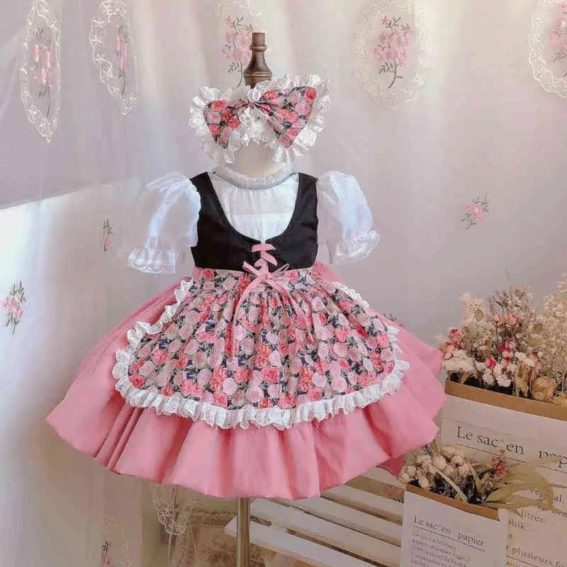 Девочка лето розовая роза цветочное винтажное платье принцессы с фартуком повязки для вечеринки вскользь g1218