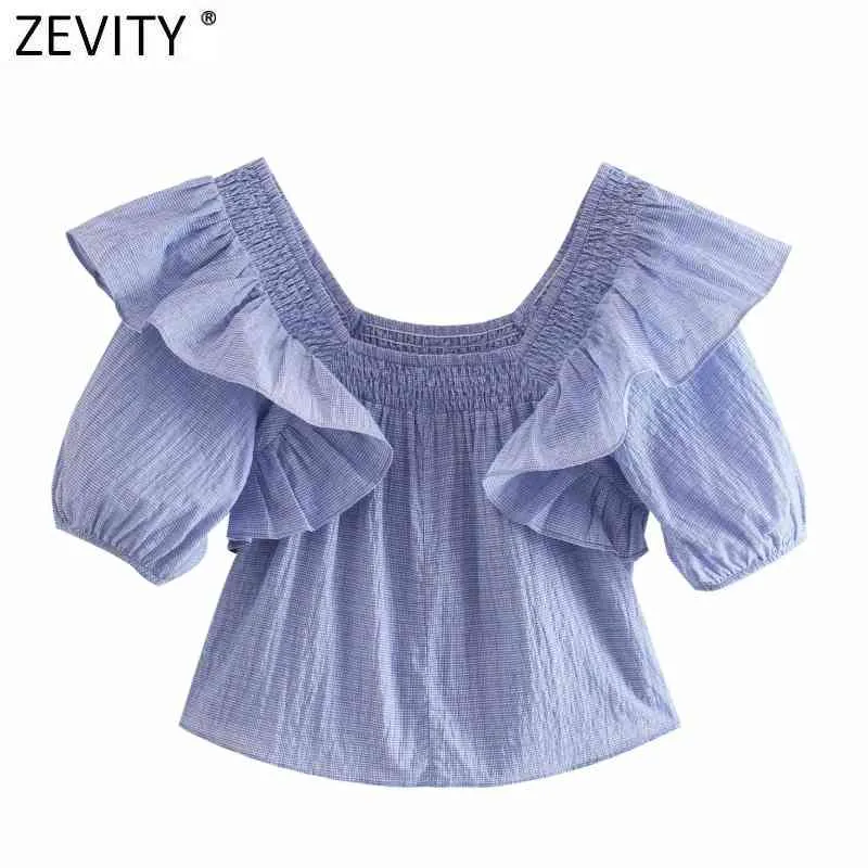 Kobiety Vintage Kwadratowy Kołnierz Paski Druku Krótki Smock Bluzka Ladies Pleat Ruffles Casual Femininas Koszula Chic Topy LS9301 210420