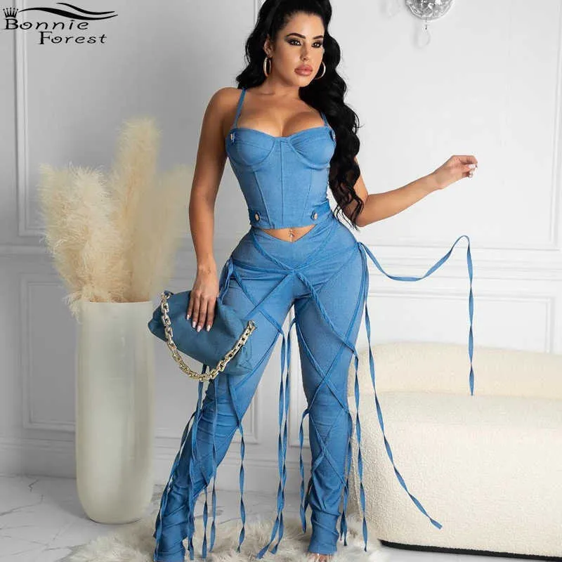 Bonnie Forest Fashion High Waist Caged Jeans Medium Summer Womens Fringed Denim Pants Skinny Jeans Trousers Party Club Wears Q0801
